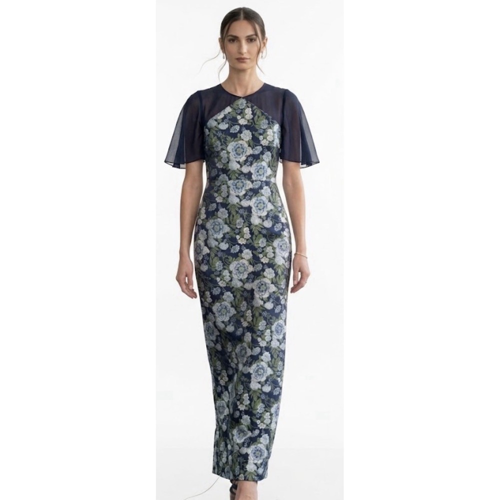THEIA floral jacquard column gown Botanical Brocade Size 4 Mesh Cape Maxi Dress